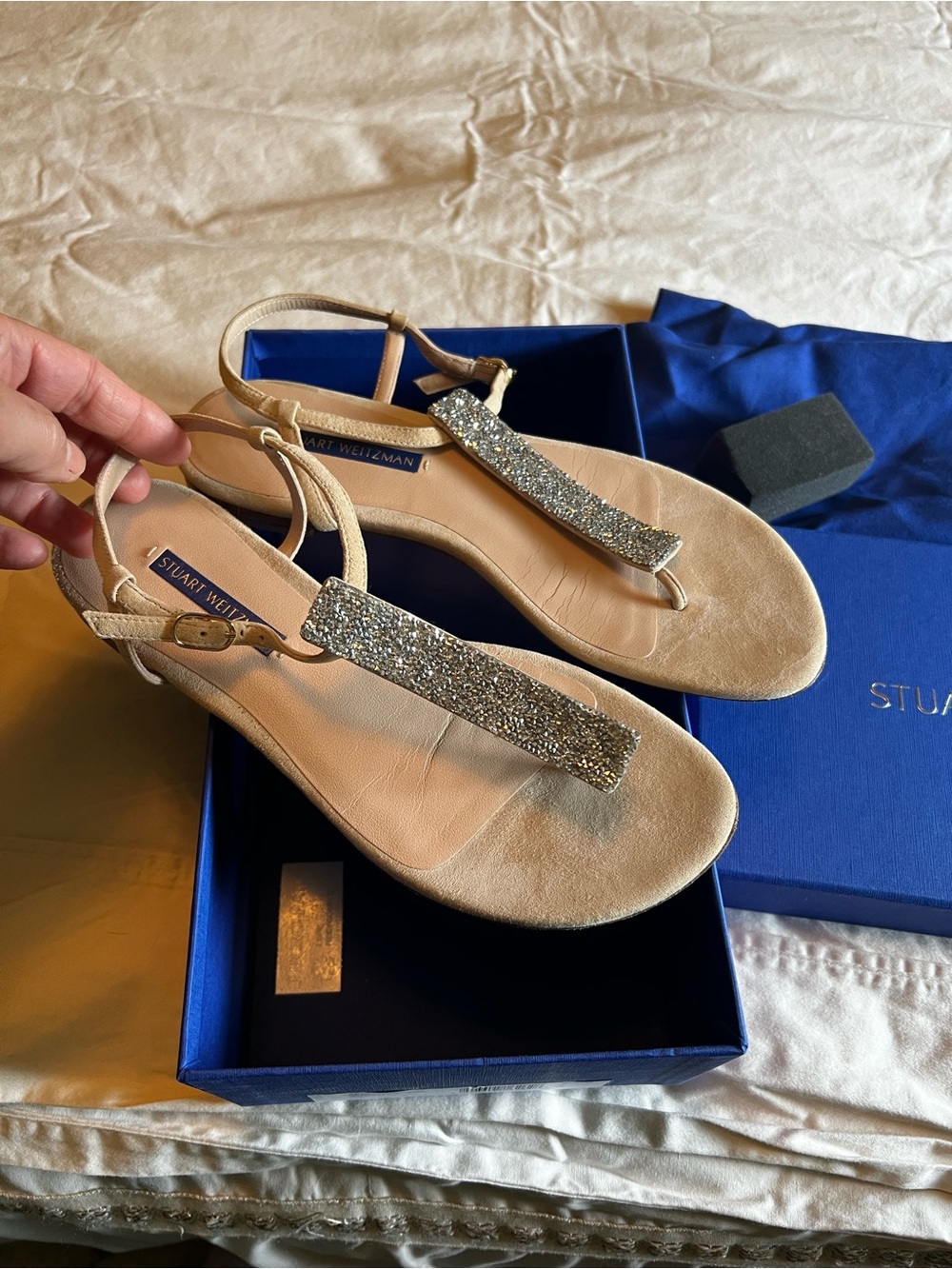 Stuart Weitzman Nude Sandals with Silver Glitter T-Bar